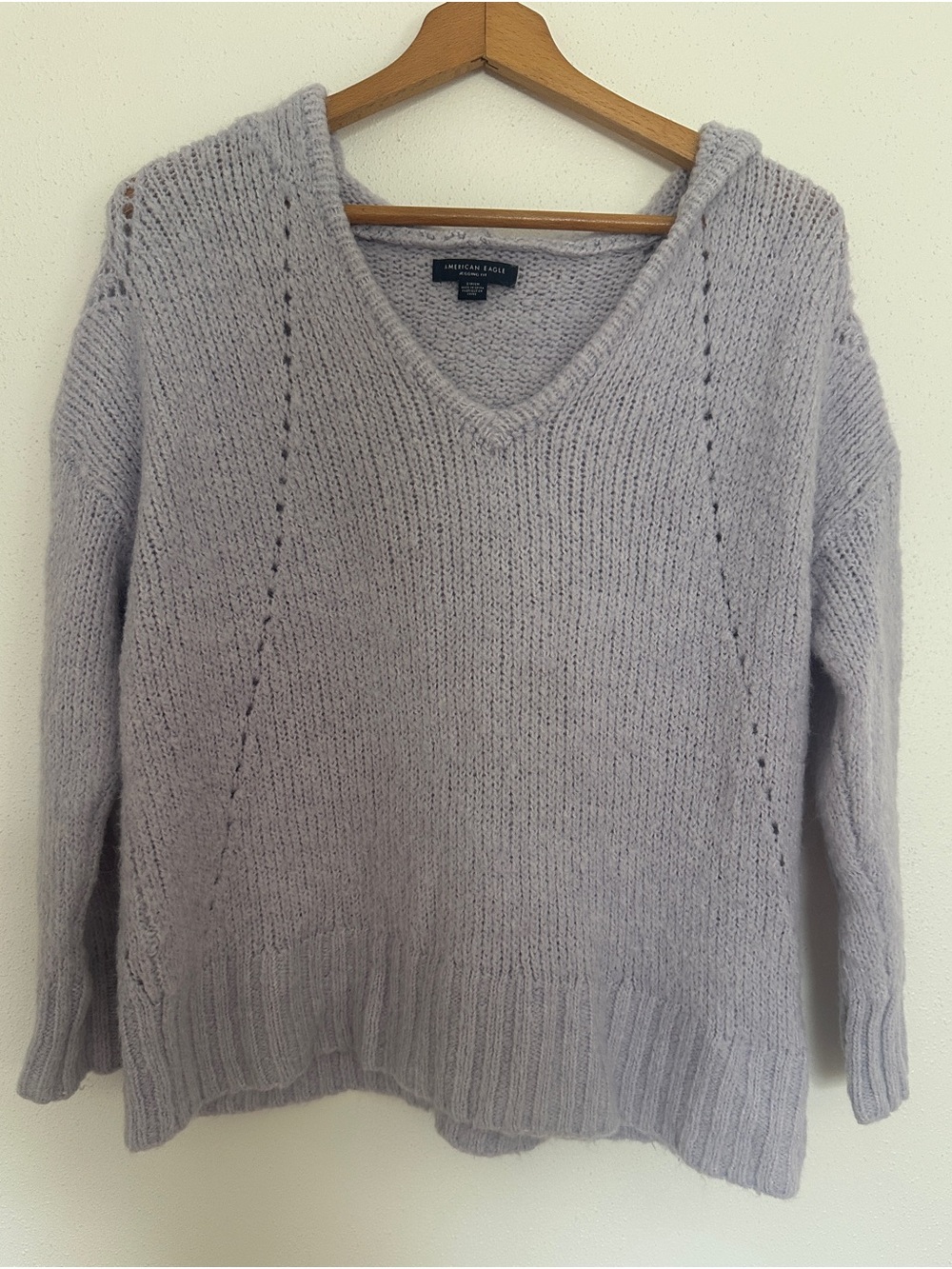 American Eagle Lavender Knit Hooded Sweater V-Neck Pointelle Pullover Size S